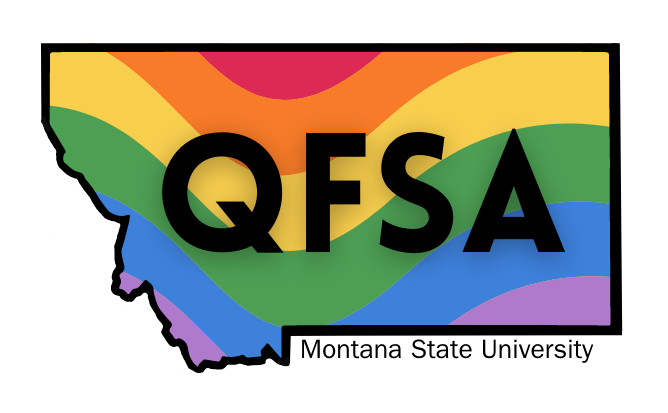 QFSA Logo Outline of montana, filled with swirling rainbows and the text QFSA