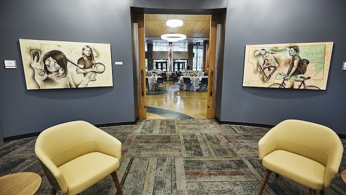 A View from the Student Commons American Indian Hall’s Great Hall is framed by the doors of the building’s student commons. The commons provide a space for students to study, collaborate, and build community.