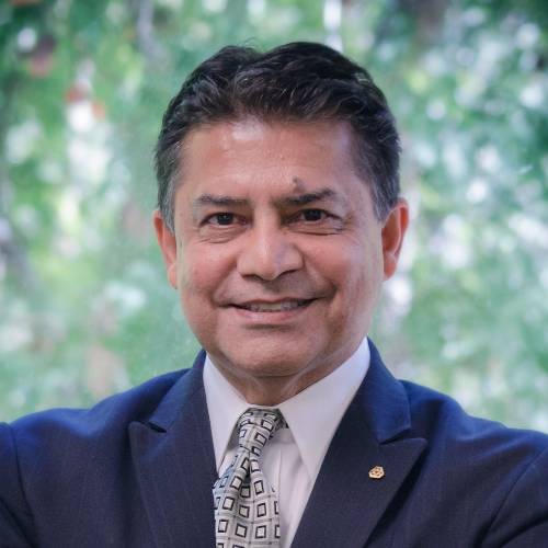 Behrooz Abdi Portrait of a man dress in a blue suit with a gray tie with a white box pattern. A small pin on his left lapel. He has an dark hair and is smiling.