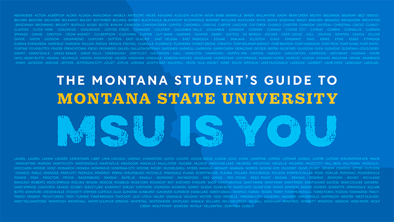 MSU IS YOU graphic with a list of the different towns in Montana The Montana Student's Guide to Montana State University: MSU IS YOU