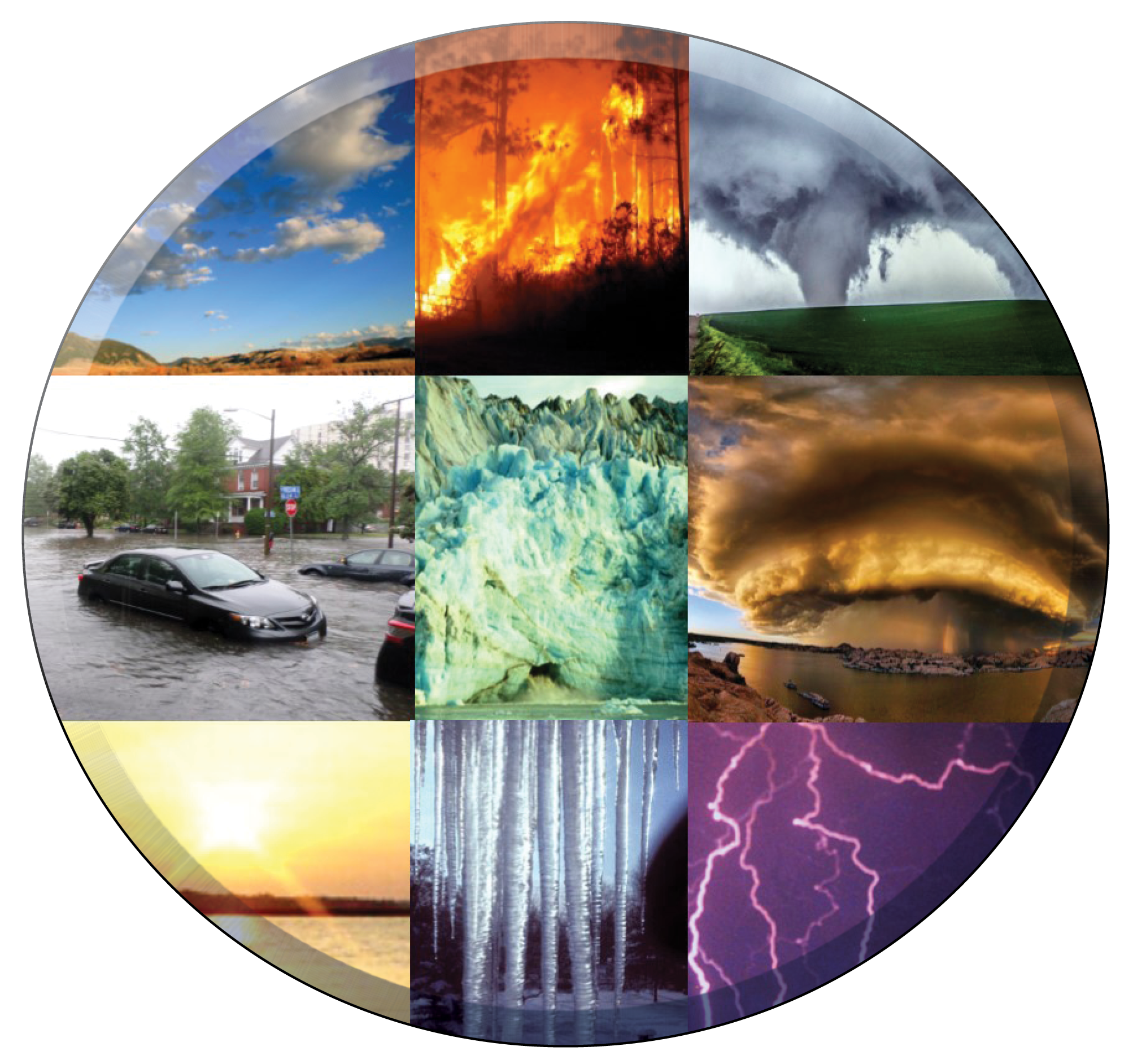 Large photo collage featuring cloudy sky, wildfire, tornado,urban flood, glacier, thunder cloud, bright sun, iclicles, and night sky lightning. Large photo collage featuring cloudy sky, wildfire, tornado,urban flood, glacier, thunder cloud, bright sun, iclicles, and night sky lightning.