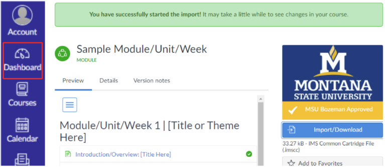 Import/Download page for Canvas Commons, highlighting the course options and the import and download buttons in a red outline.&nbsp;