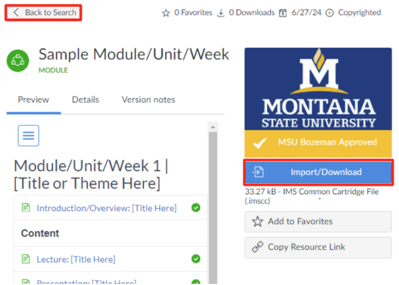 Canvas Commons page showing MSU Branded homepage next to a list of items within the resource.&nbsp;