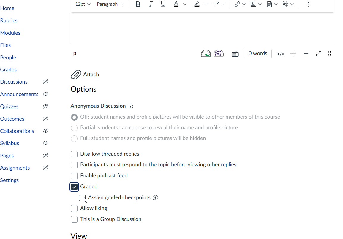 Discussion settings with the Graded box checked