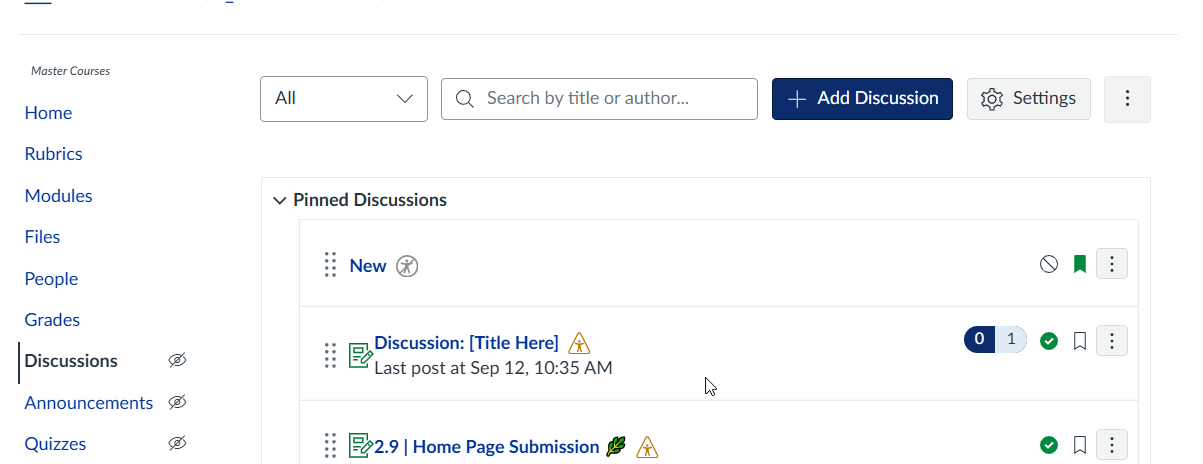 Discussion area of Canvas with the + Discussion button in the right-hand corner