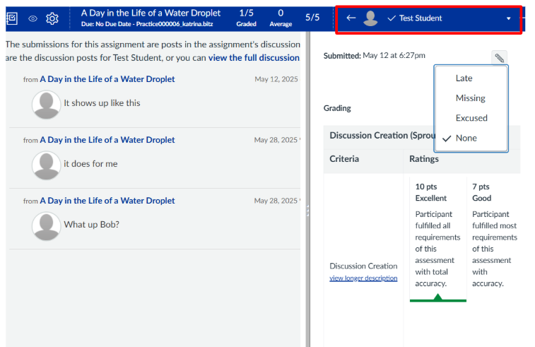 discussion-speedgrader speedgrader view of discussion with a rubric