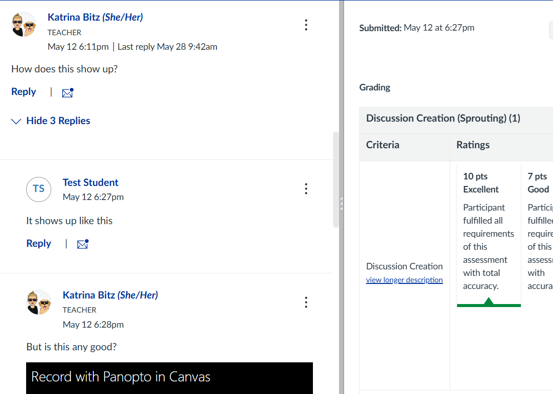 Full view of discussion thread in speedgrader Full thread view of student submissions in discussion