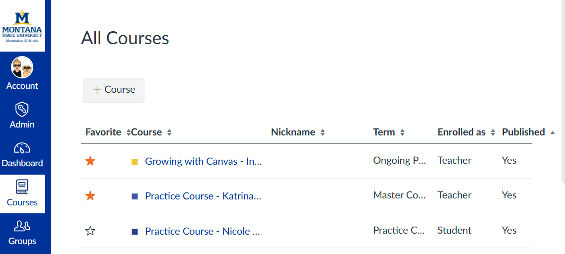 All Canvas courses in a list in which two have a orange star next to them and one with a blank star