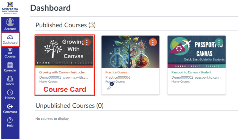 Canvas Dashboard with a course card outlined in red&nbsp;