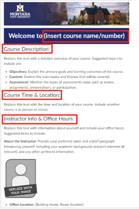 Course Homepage with sections to be filled in by instructor with course information outlined in red&nbsp;&nbsp;