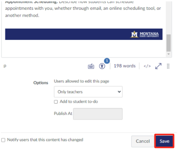 Save button outlined in red at the bottom right of the homepage edit window&nbsp;