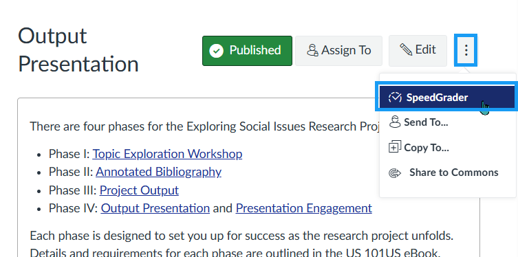 Canvas assignment menu with the SpeedGrader option highlighted