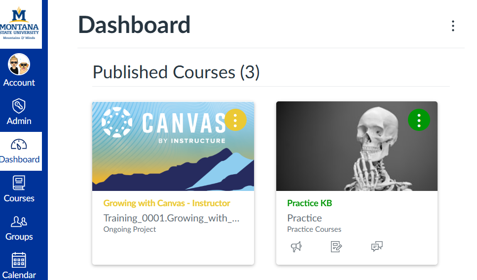 canvas dashboard Canvas dashboard with two course cards