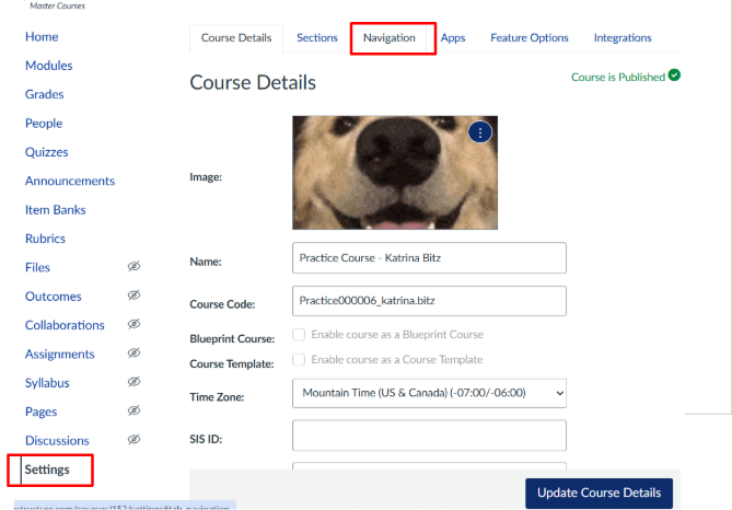 canvas settings and navigation canvas dashborad with settings and navigation outlined in red