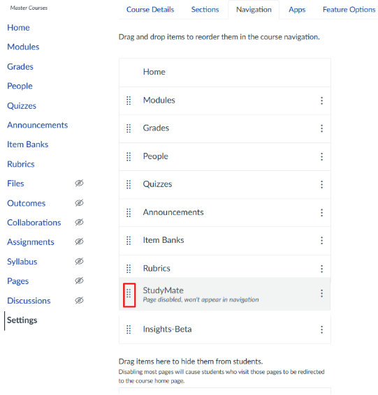 canvas enabled and disabled canvas navigation page with list of enabled and disabled features