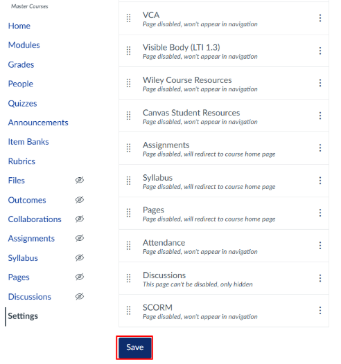 save course navigation save button outlined in red in the course navigation