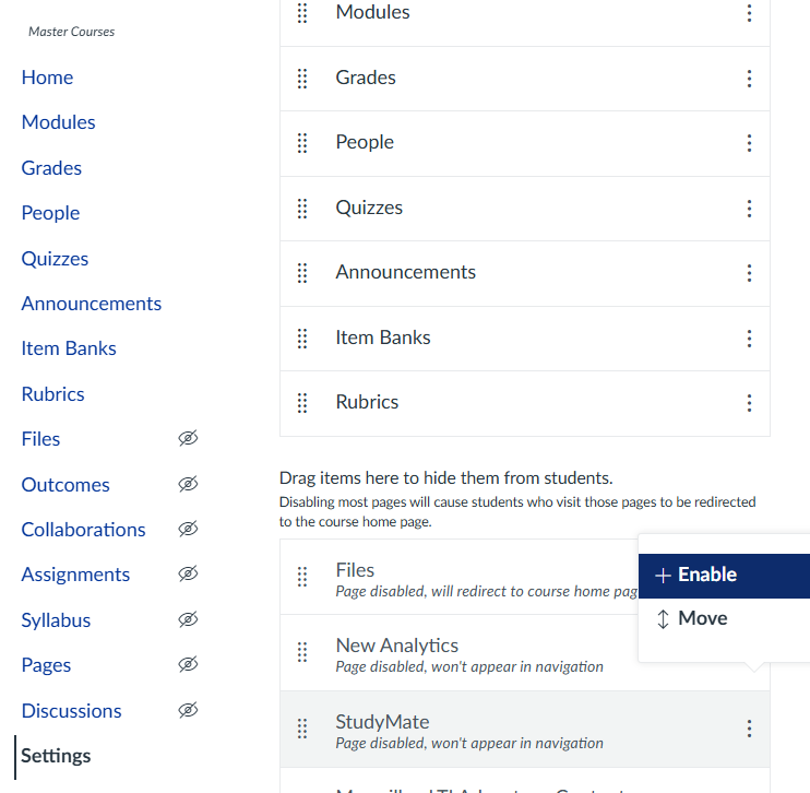 enable studymate course navigation with the enable highlighted for studymate