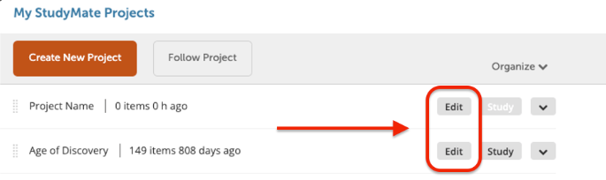 studymate edit studymate project page with edit button outlined in red