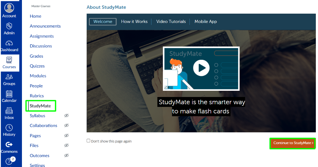 continue to studymate Studymate home page with continue to studymate button outlined in green