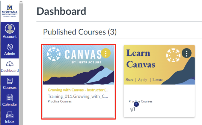 Growing with Canvas Course Card Canvas dashboard with the "Growing with Canvas" course card outlined in red