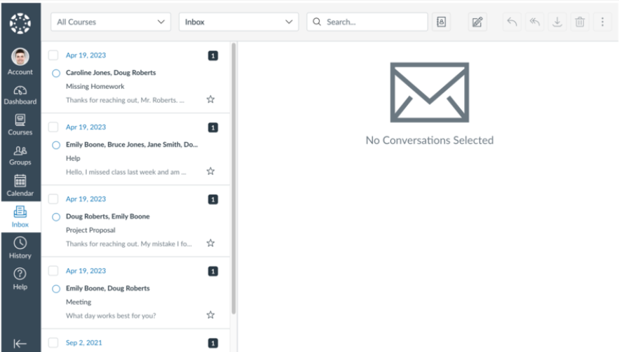 Canvas Inbox Canvas inbox with several messages on the left side of the panel