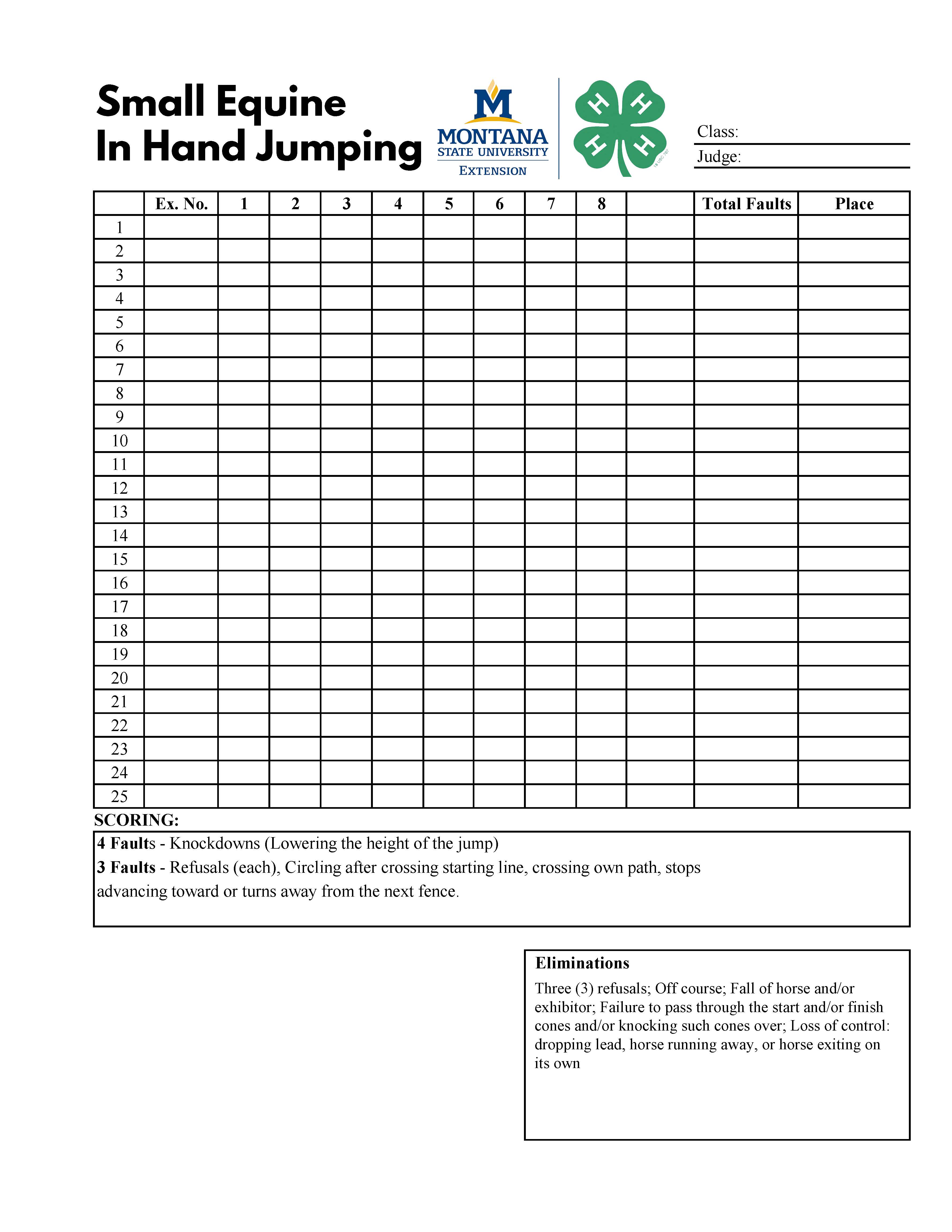 In Hand Jumping Score Sheet