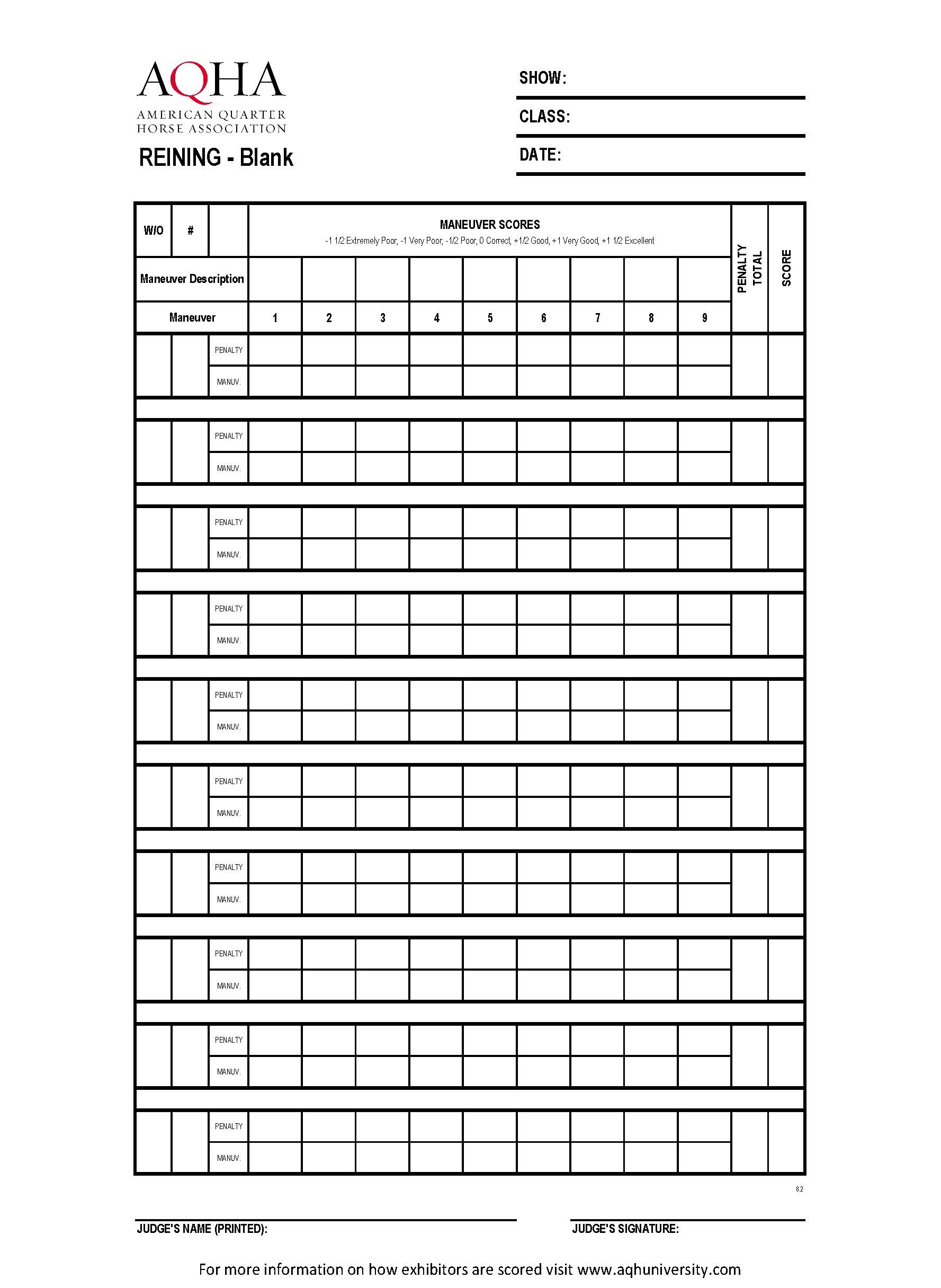 Reining Score Sheet