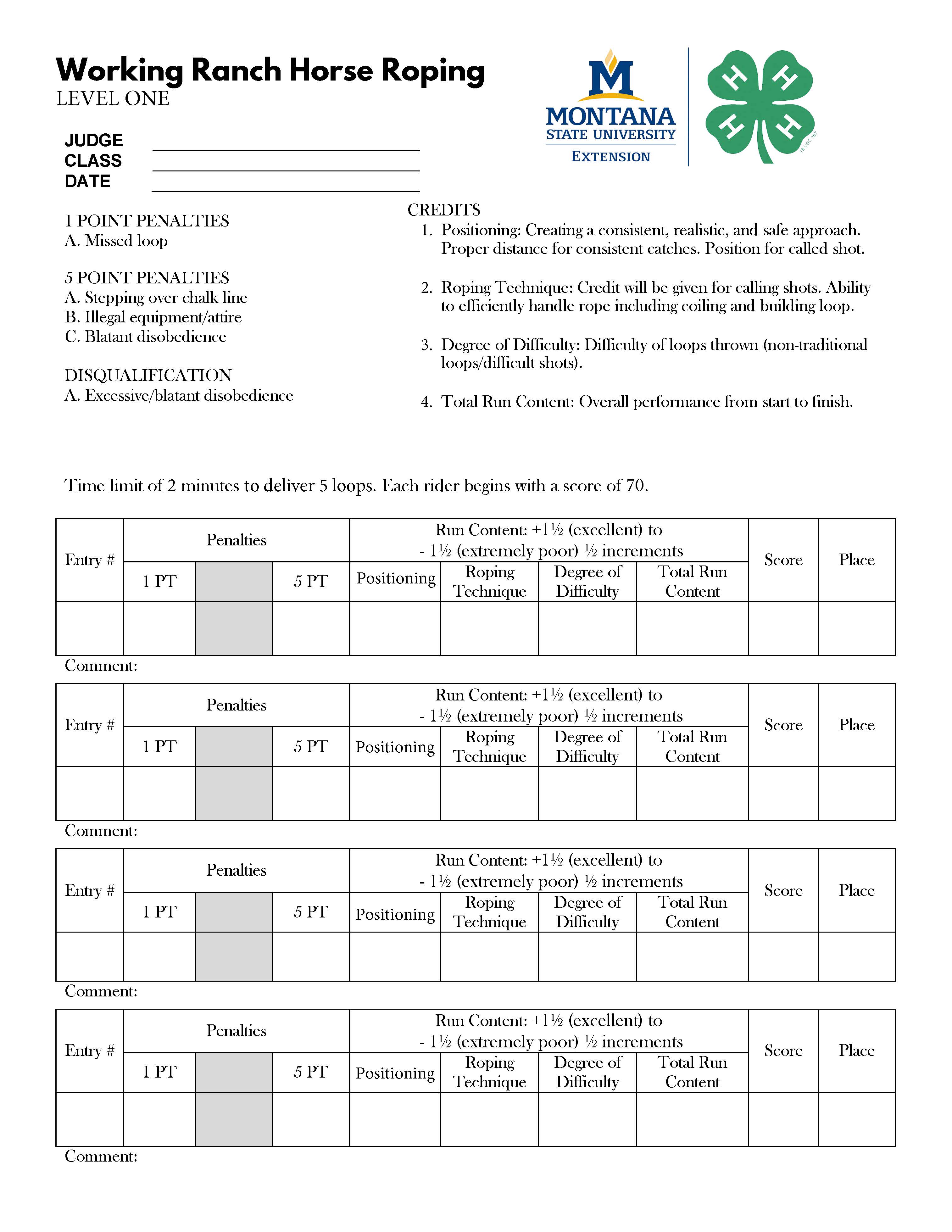 Ranch Roping Level 1 Score Sheet