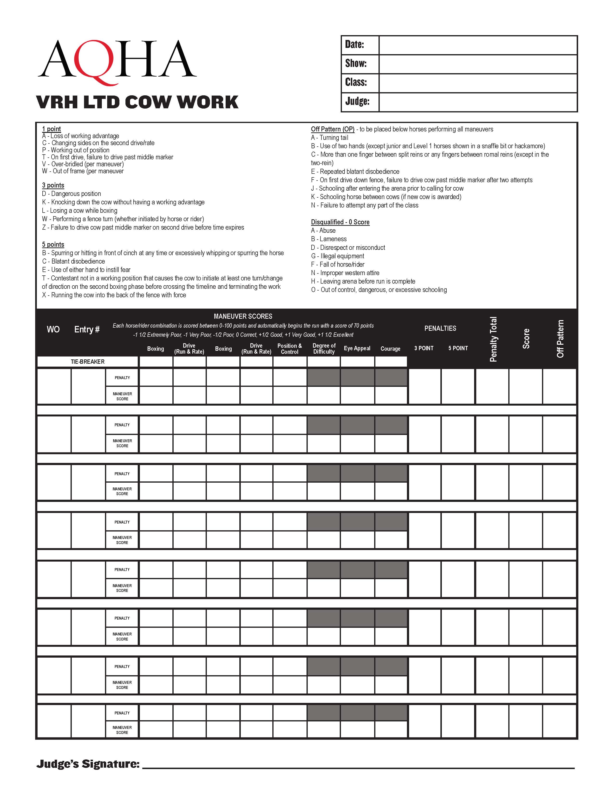 Limited Cow Work Score Sheet