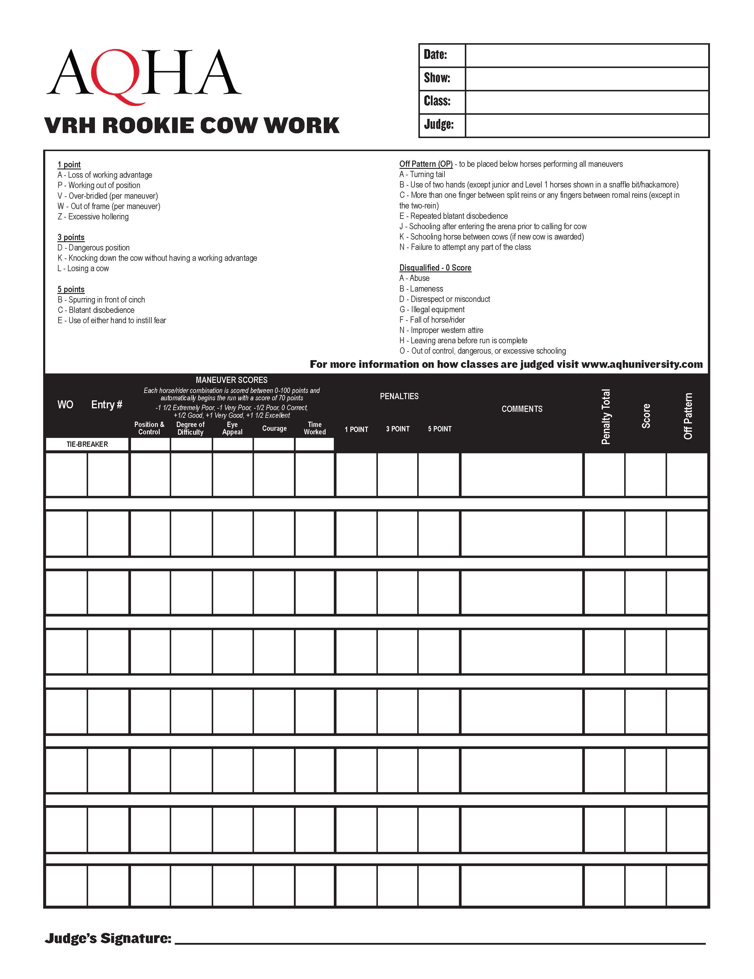 Rookie Cow Work Score Sheet