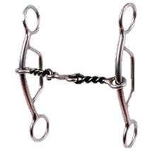 a metal mouthpiece with long metal shanks, a connecting middle bar and loops on either end of the shanks.