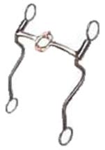 a metal mouthpiece with long metal shanks, a connecting middle bar with a circle in the middle, and loops on either end of the shanks.