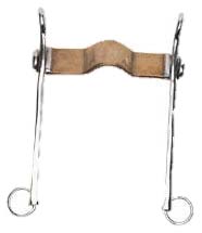 a metal mouthpiece with long metal shanks, a connecting middle bar with a bump, and loops on either end of the shanks.