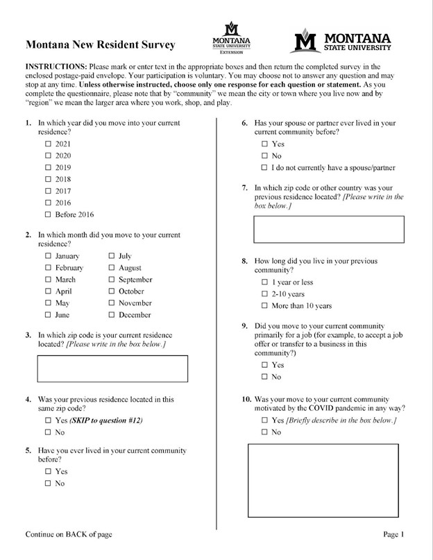 Page 1 Montana New Resident Survey Page 1 Montana New Resident Survey