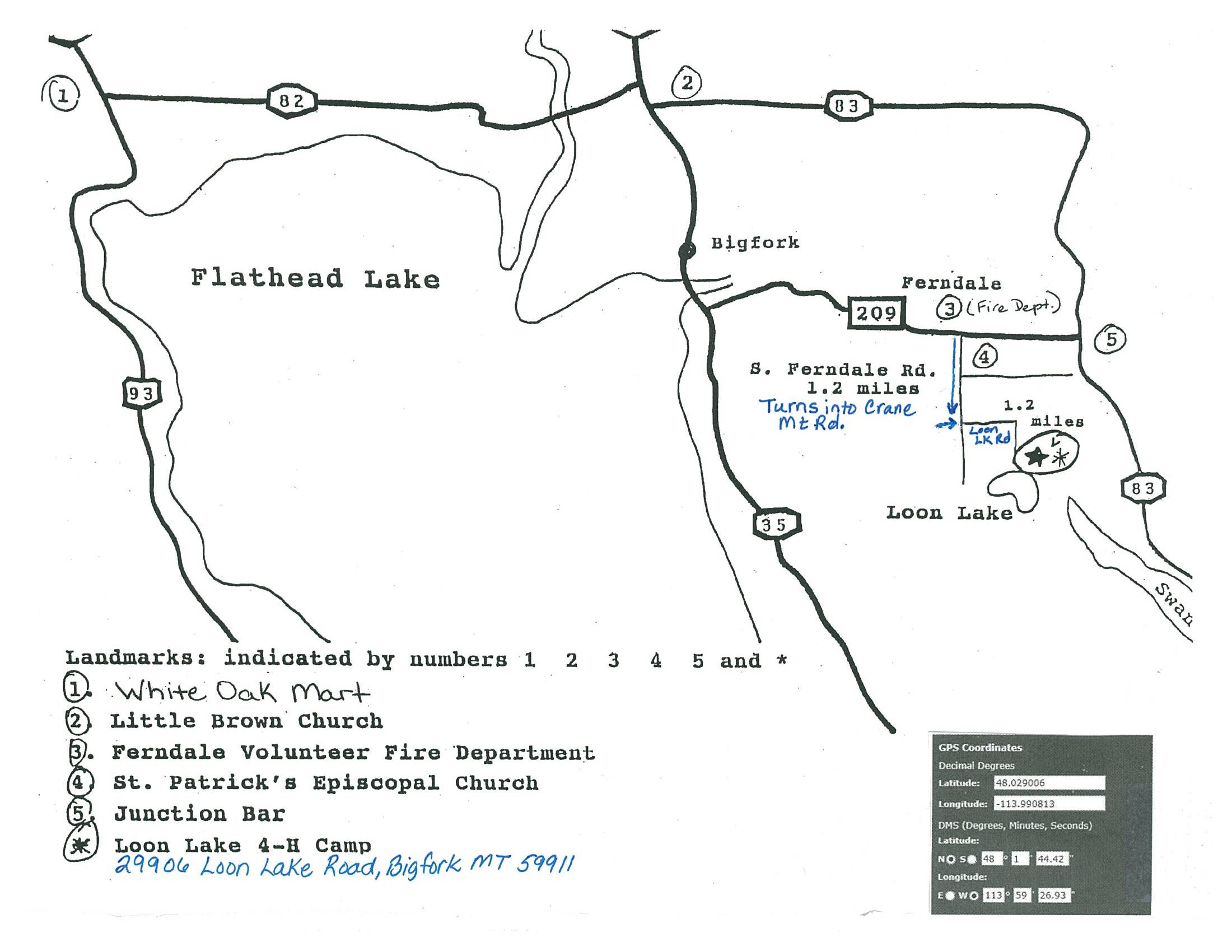 Map to the Darrell Fenner Loon Lake 4-H Camp image of a map to the Darrell Fenner Loon Lake 4-H Camp