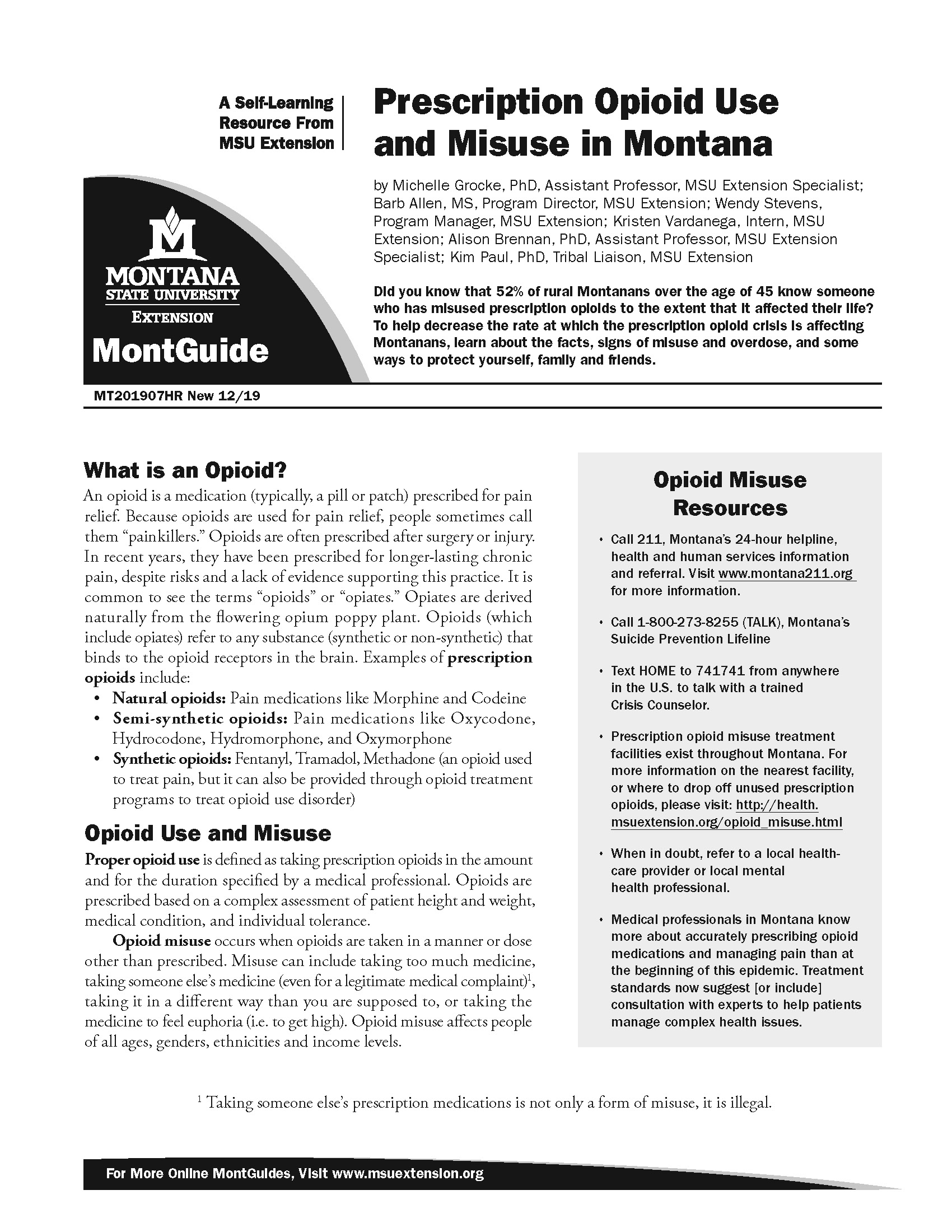 The first page of a PDF. It is completely text, with a title at the top that says "Prescription Opioid Use and Misuse in Montana." Contact Jennifer Munter for accessible options.