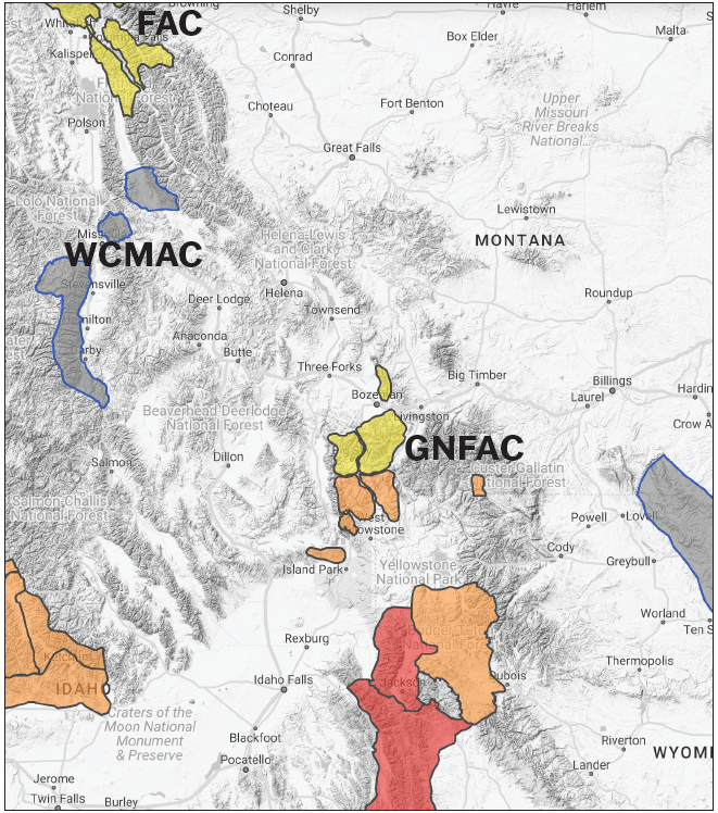 Map showing some terrain covered by the three Montana avalanche forecast centers with color overlays reflecting avalanche danger levels from red to yellow.