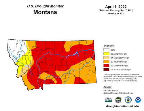 2022 US Drought Monitor Map A map of Montana shows the vast majority of the state to be in severe or extreme drought. The only area not affected by drought, according to the map, is the northwestern corner.