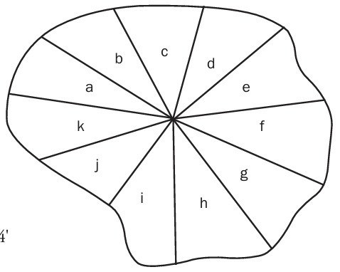A line drawing of an irregular, round-ish shape with a central point and 11 radial lines stretching from the central point to different points along the edge, labeled a-k.