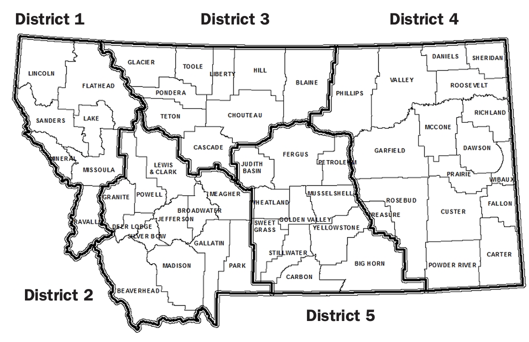 map showing the five Montana private applicator recertification districts
