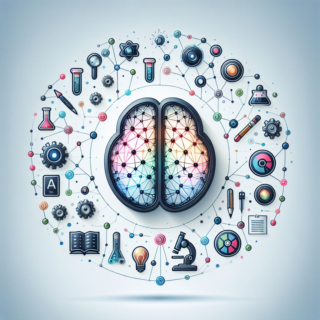 Multi-colored image of a brain surrounded by the tools of multiple academic and creative disciplines