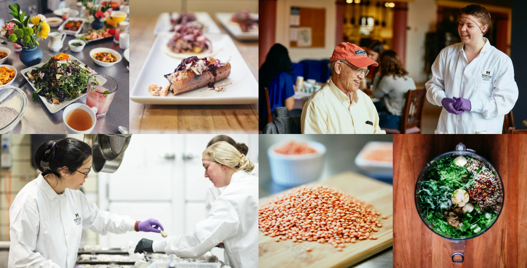 photo collage of food ingredients and products and people working in the lab kitchen and
