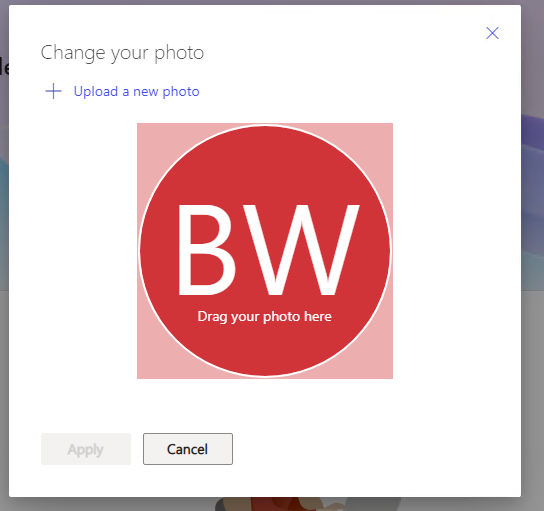 Profile photo change pop-up. Profile photo change pop-up. There is a large circle icon with the profile's initials. This is where you can either drag and drop or upload a file to change the photo.