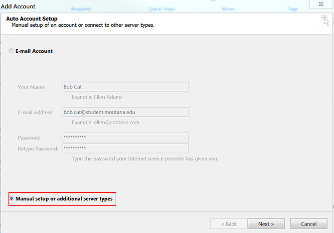 screenshot of the radio button to click to manually set up outlook account.