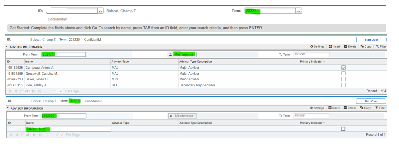how to change existing advisor assignment SGAADVR page with terms and maintenance highlighted