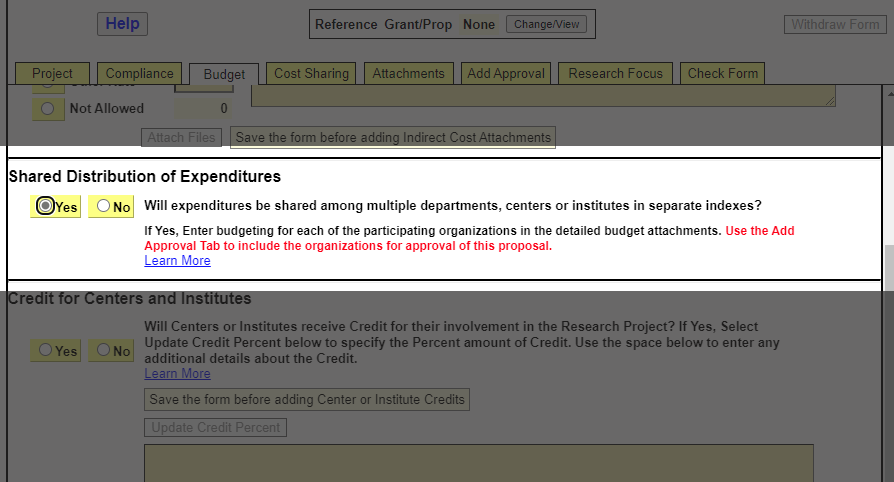 ePCF-shared expenditures Screenshot of the Budget tab in the ePCF. The user must choose Yes or No under the heading "Shared Distribution of Expenditures"