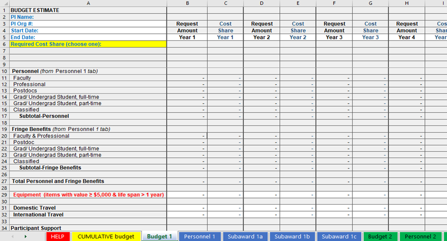 screenshot-multi-PI budget A screenshot of an Excel spreadsheet shows a separate tab for each PI or Co-PI's budget