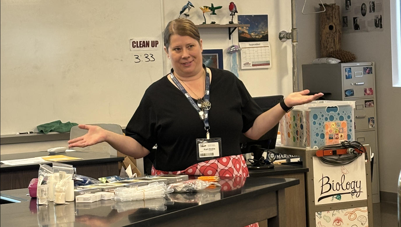 Kari looks to audience during presentation.