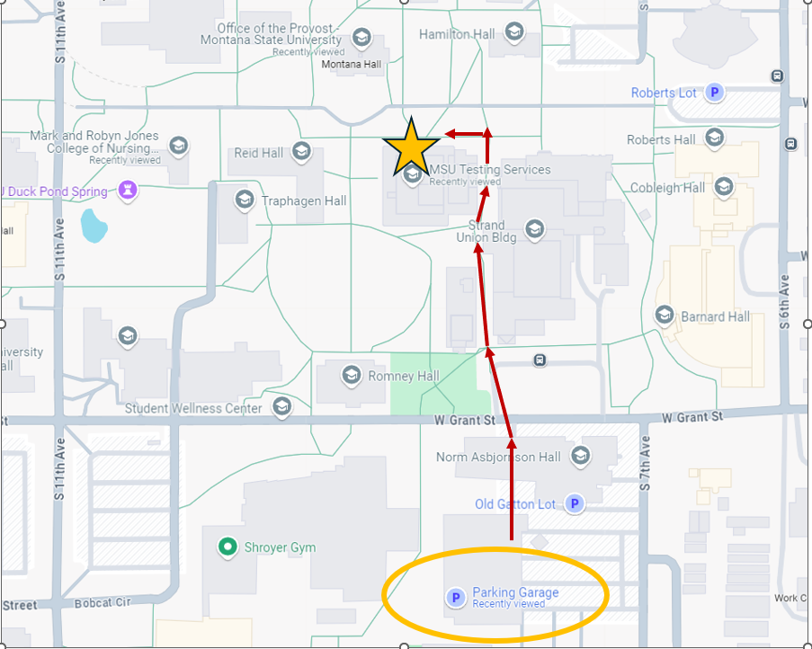 Parking Garage to Test Center Map A screenshot of a map showing a section of the Montana State University campus. There is a yellow star marked on the map, located above the label MSU Testing Services. A red line starts from this star and suggests a route from the star to the parking garage.