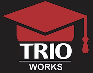 TRIO Works Red Graduation Cap with TRIO Works written underneath